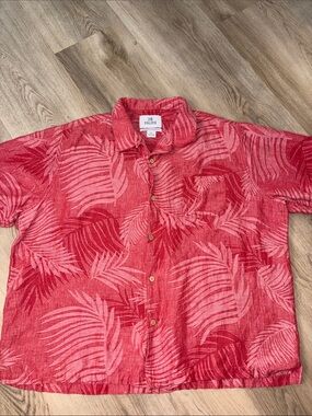 28 Palms Silk Linen Blend Coral Palm Print Camp Shirt Size XXL resortwear comfy